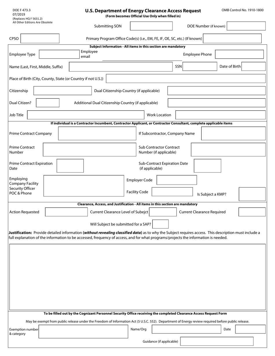 DOE Form 473.3 Clearance Access Request, Page 1