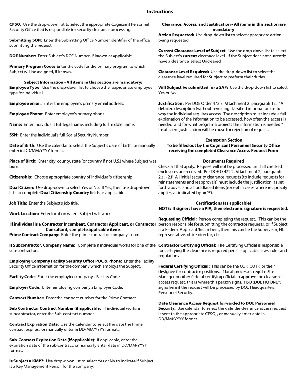 DOE Form 473.3 Clearance Access Request, Page 3