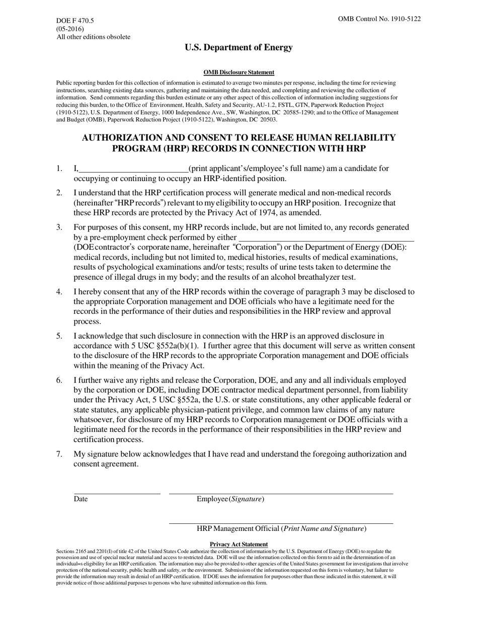 DOE Form 470.5 Authorization and Consent to Release Human Reliability Program (Hrp) Records in Connection With Hrp, Page 1