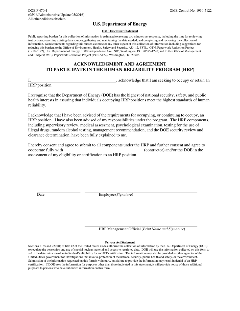 DOE Form 470.4 Acknowledgment and Agreement to Participate in the Human Reliability Program (Hrp), Page 1