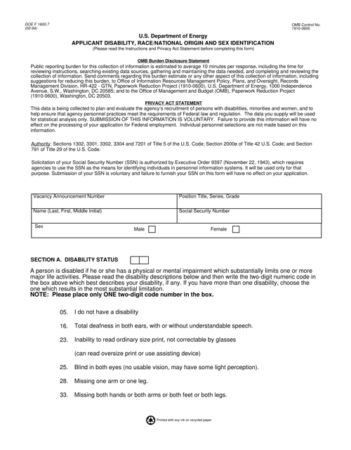 Form DOE F1600.7 Applicant Disability, Race/National Origin and Sex Identification