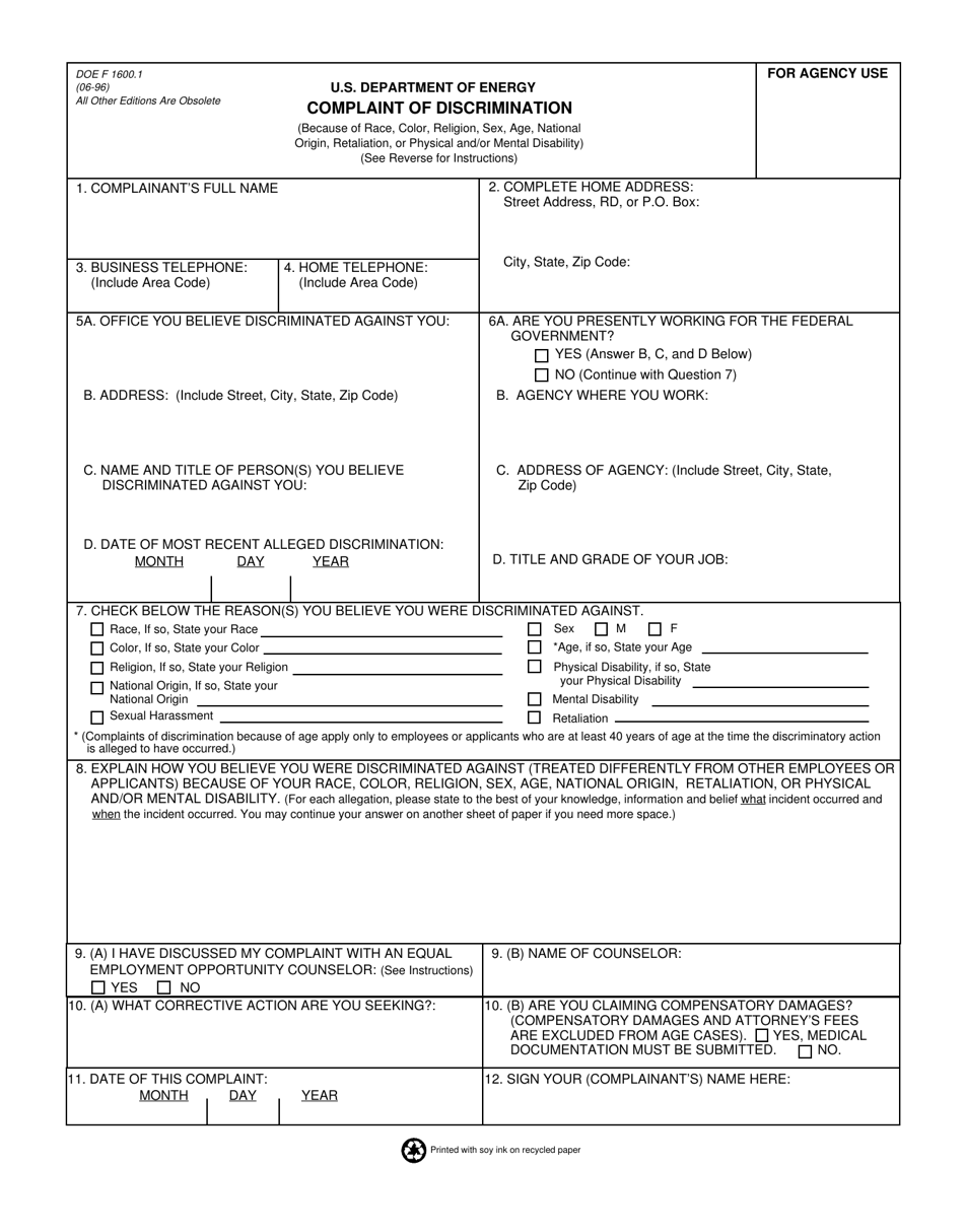 Form DOE F1600.1 Complaint of Discrimination, Page 1