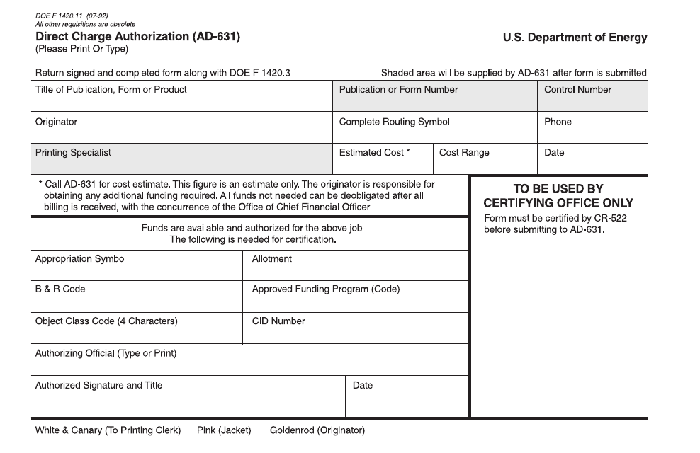 DOE Form 1420.11 Direct Charge Authorization (Ad-631)