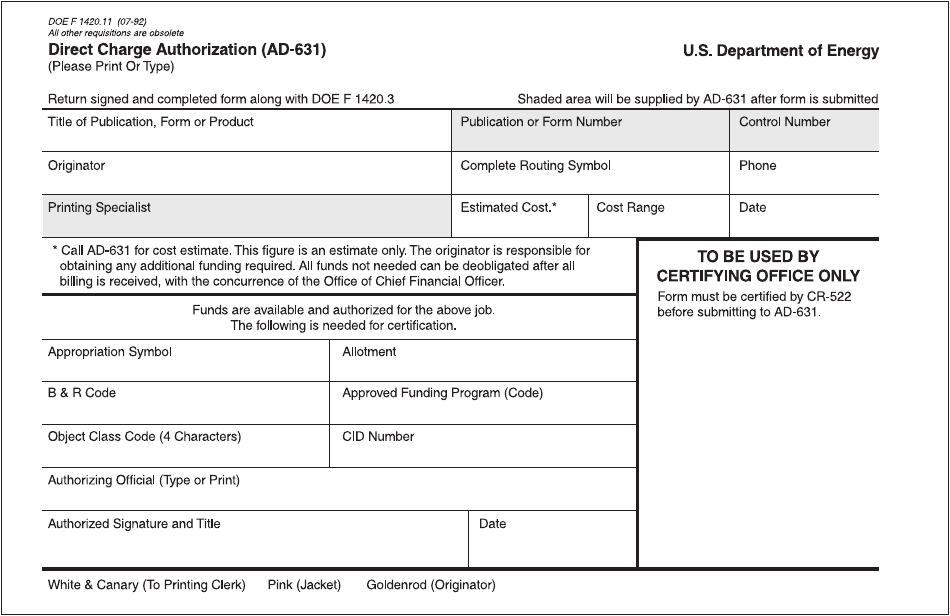 DOE Form 1420.11 Direct Charge Authorization (Ad-631), Page 1