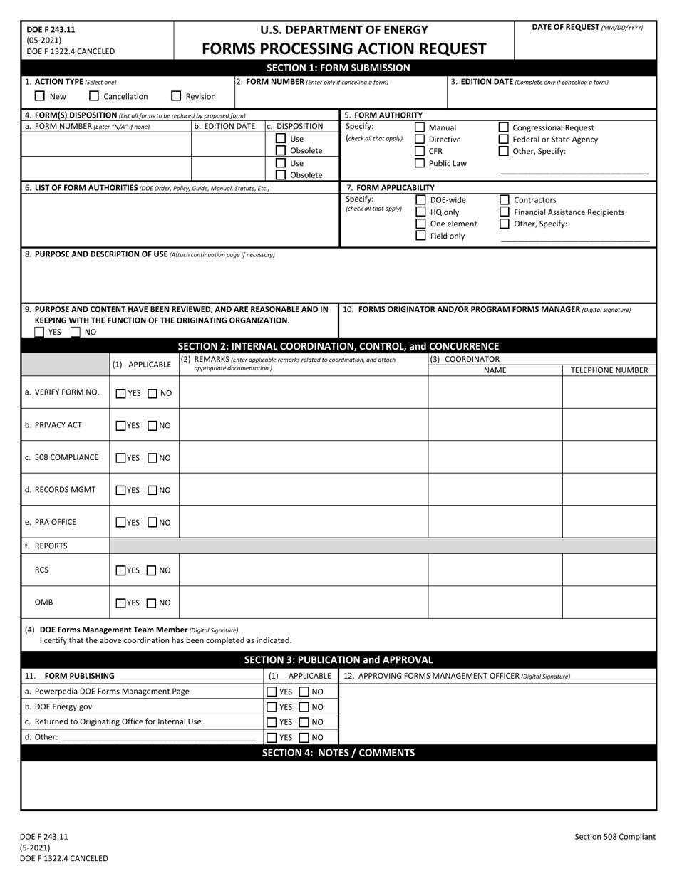 Form DOE F243.11 Forms Processing Action Request, Page 1
