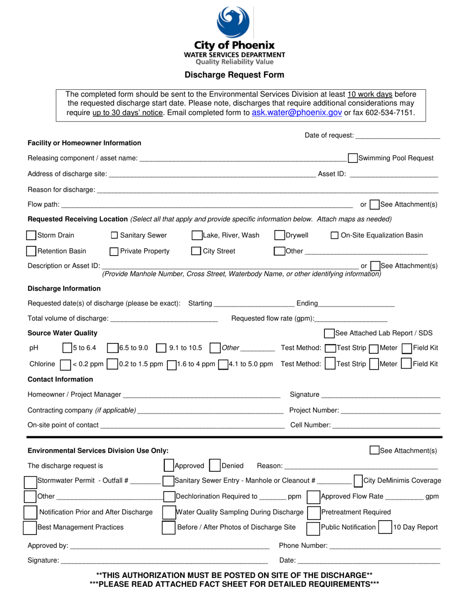 Discharge Request Form - City of Phoenix, Arizona, Page 1