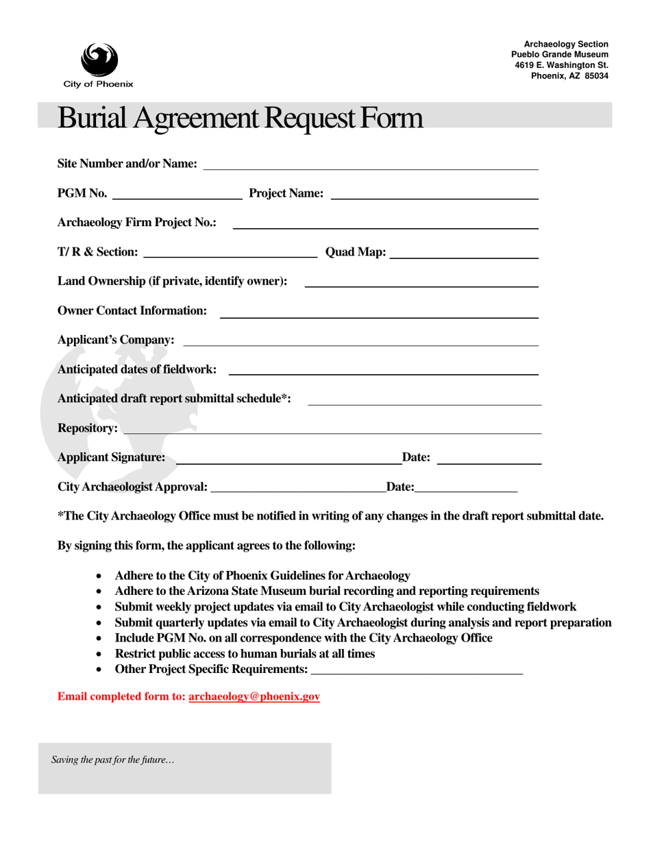 Burial Agreement Request Form - City of Phoenix, Arizona, Page 1