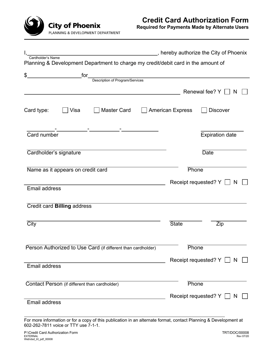 Form TRT / DOC / 00008 Credit Card Authorization Form - City of Phoenix, Arizona, Page 2