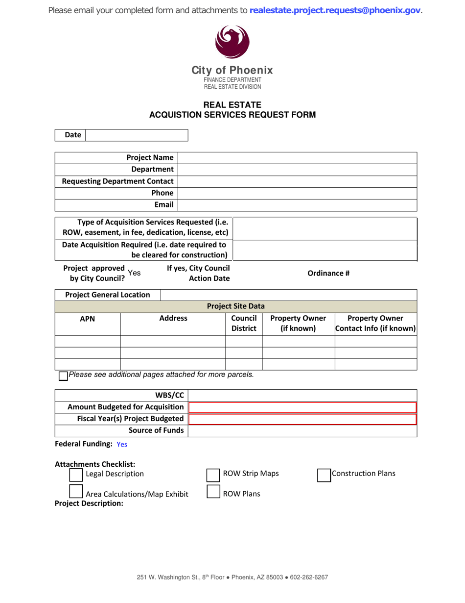 Real Estate Acquistion Services Request Form - City of Phoenix, Arizona, Page 1