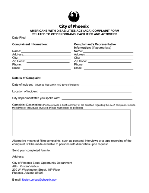 Americans With Disabilities Act (Ada) Complaint Form Related to City Programs, Facilities and Activities - City of Phoenix, Arizona