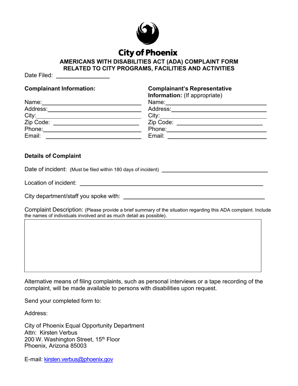 Americans With Disabilities Act (Ada) Complaint Form Related to City Programs, Facilities and Activities - City of Phoenix, Arizona, Page 1