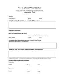 Document preview: Arts and Cultural Activity Endorsement Application Form - City of Phoenix, Arizona