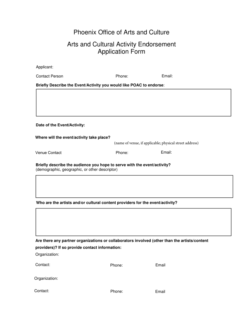 Arts and Cultural Activity Endorsement Application Form - City of Phoenix, Arizona, Page 1