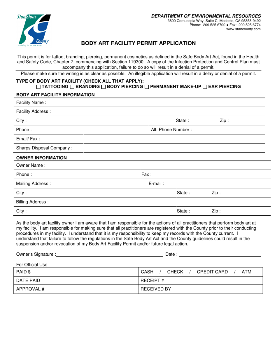 Body Art Facility Permit Application - Stanislaus County, California, Page 1