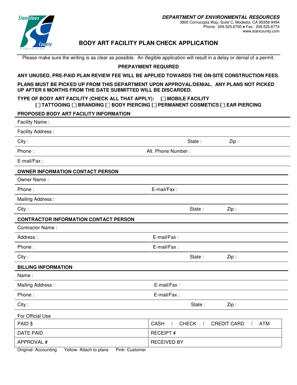 Body Art Facility Plan Check Application - Stanislaus County, California, Page 1