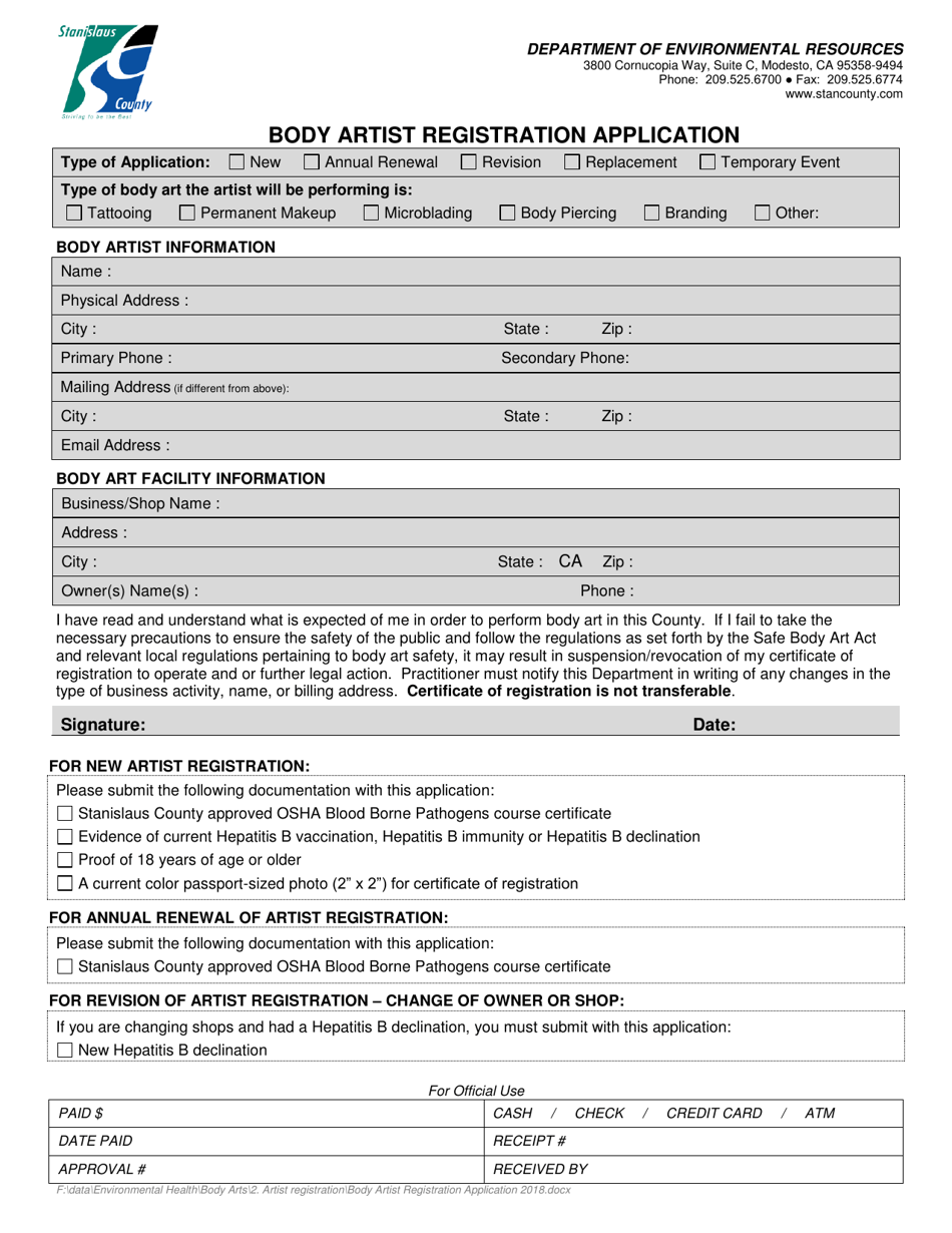 Body Artist Registration Application - Stanislaus County, California, Page 1