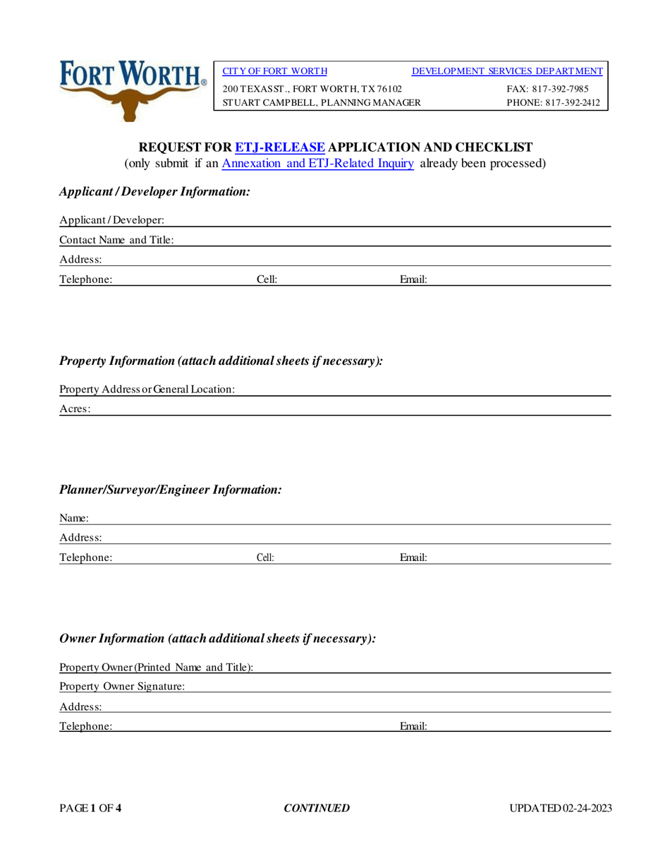 Request for Etj-Release Application and Checklist - City of Fort Worth, Texas, Page 1
