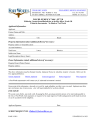 Document preview: Parcel Verification Letter Within the Extraterritorial Jurisdiction of the City of Fort Worth or Within the Incorporated City Limits of Fort Worth - City of Fort Worth, Texas