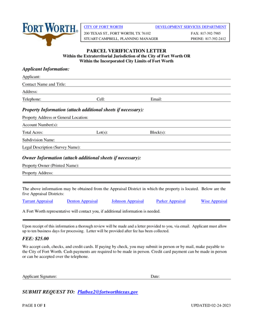 Parcel Verification Letter Within the Extraterritorial Jurisdiction of the City of Fort Worth or Within the Incorporated City Limits of Fort Worth - City of Fort Worth, Texas Download Pdf