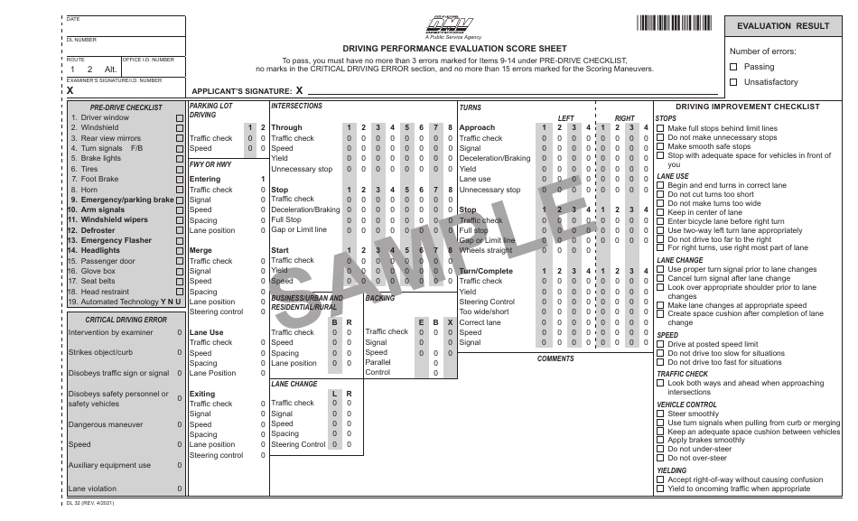 Form DL32 Driving Performance Evaluation Score Sheet - Sample - California, Page 1