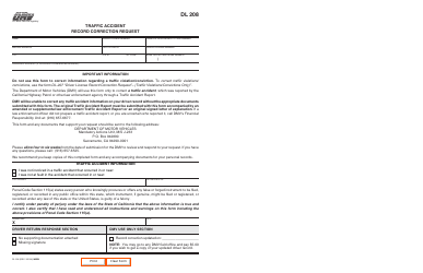 Document preview: Form DL208 Traffic Accident Record Correction Request - California