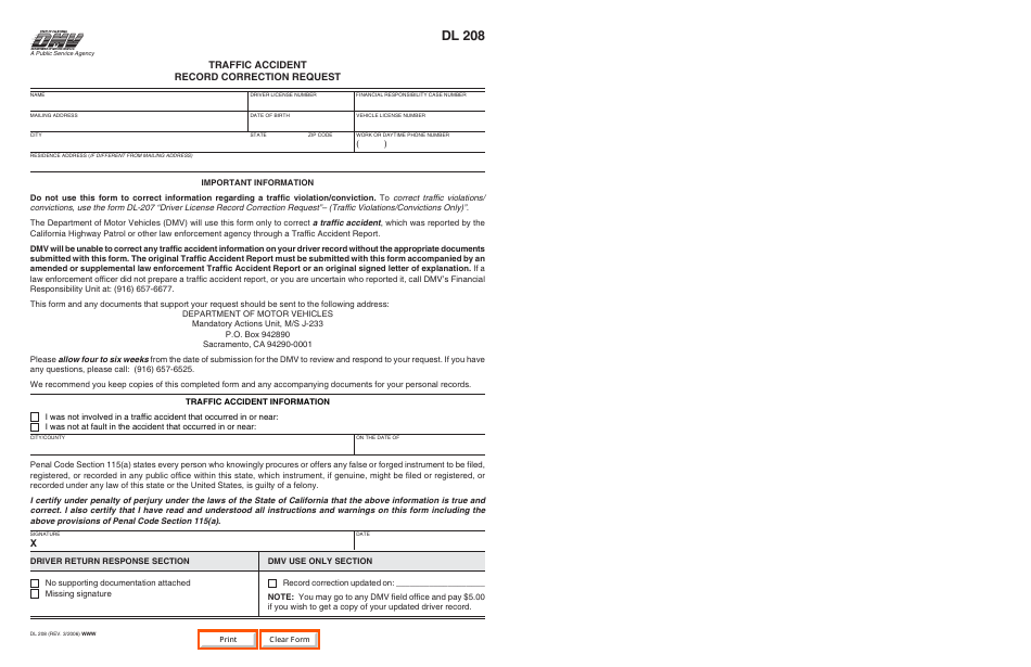Form DL208 Traffic Accident Record Correction Request - California, Page 1