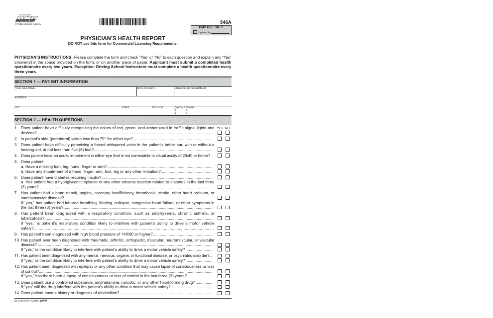 Form DL546A Physician's Health Report - California