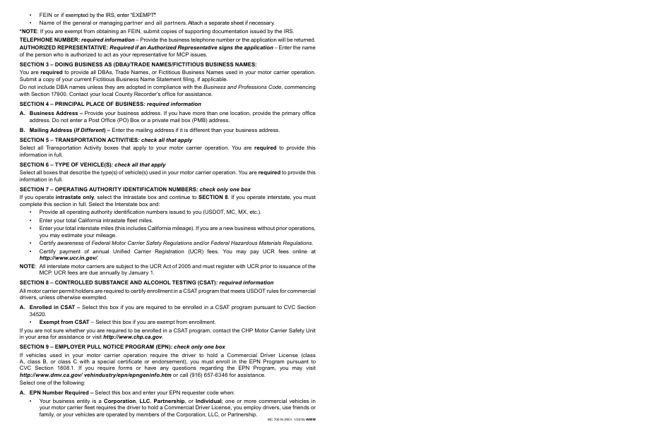 Form DMV706 Application for Motor Carrier Permit - California, Page 2