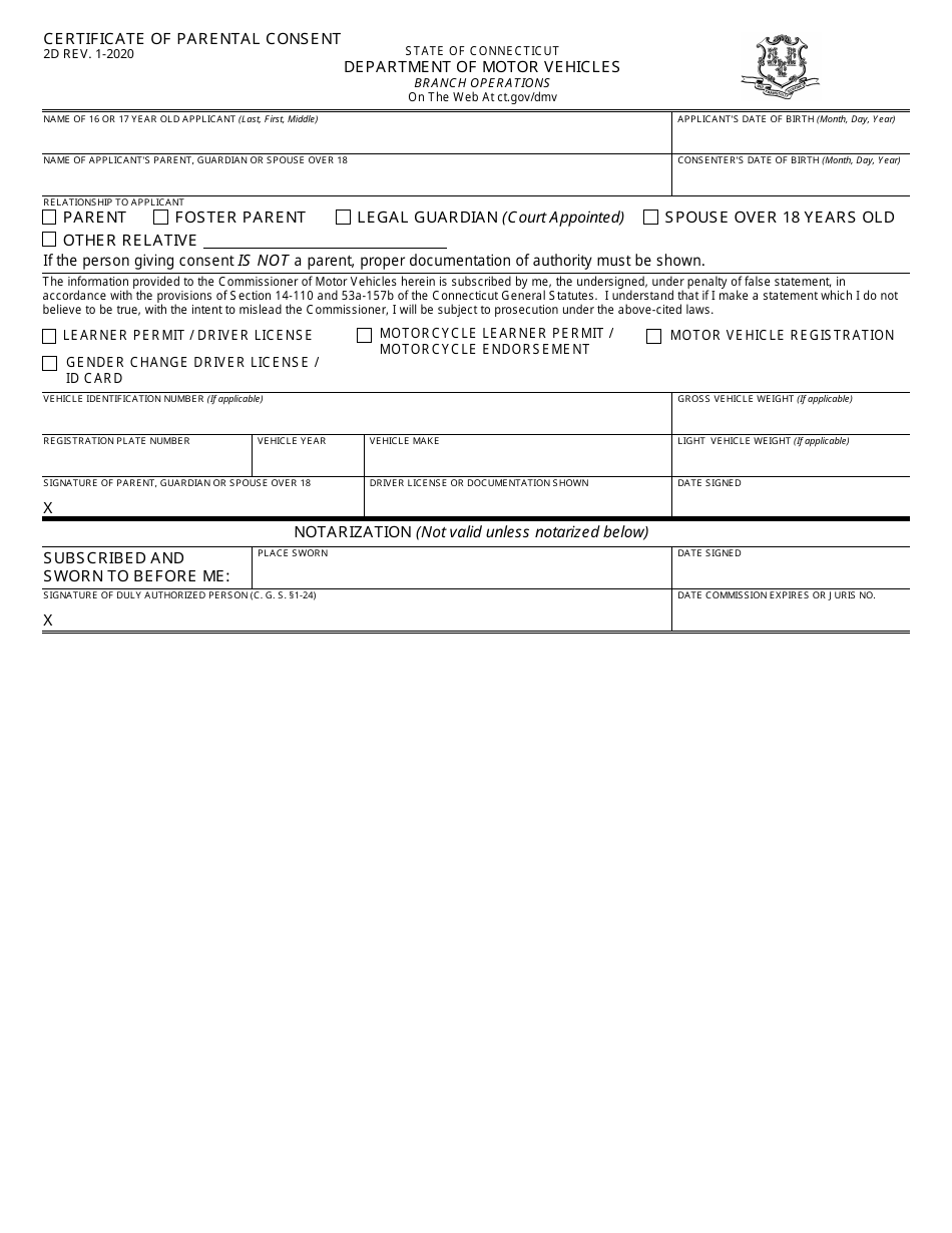 Form 2D Certificate of Parental Consent - Connecticut, Page 1