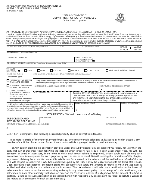 Form B-276 Application for Waiver of Registration Fee - Active Service in U.S. Armed Forces - Connecticut