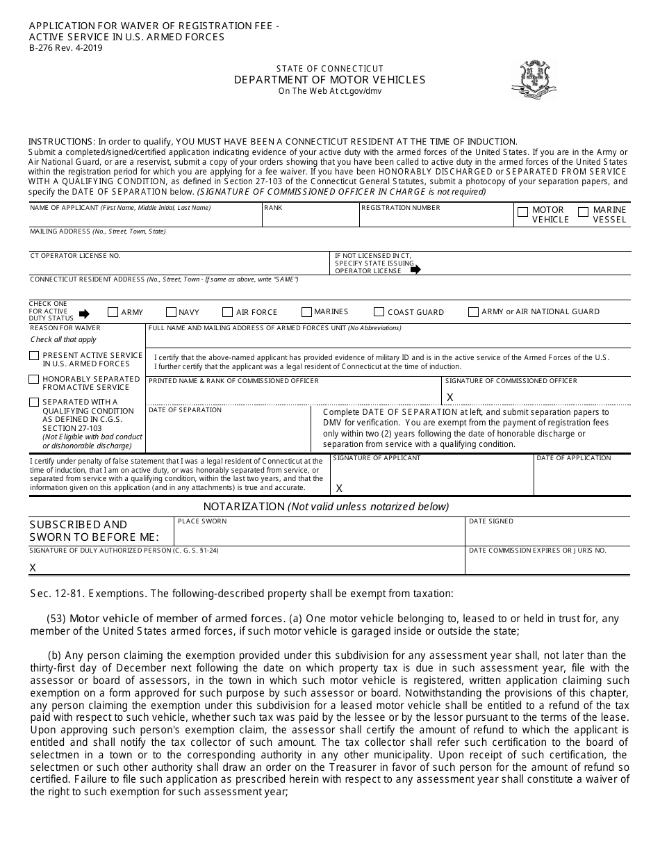 Form B-276 Application for Waiver of Registration Fee - Active Service in U.S. Armed Forces - Connecticut, Page 1