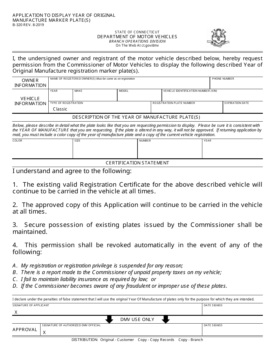 Form B-320 Application to Display Year of Original Manufacture Marker Plate(S) - Connecticut, Page 1