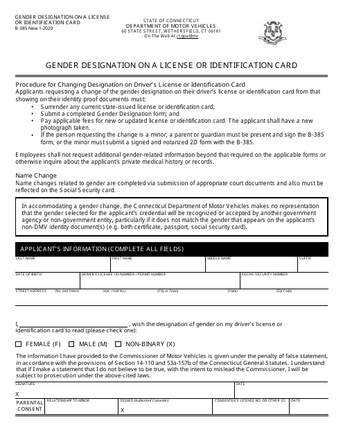 Form B-385 Gender Designation on a License or Identification Card - Connecticut