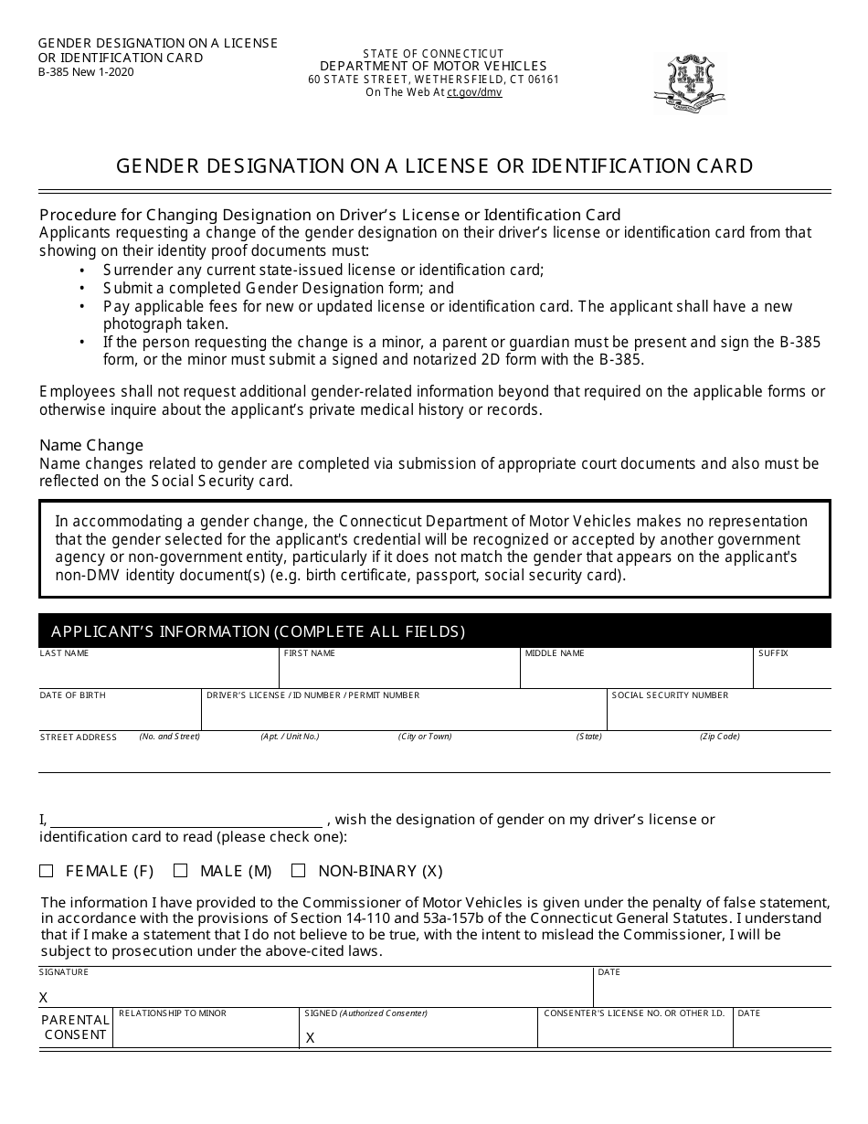 Form B-385 Gender Designation on a License or Identification Card - Connecticut, Page 1
