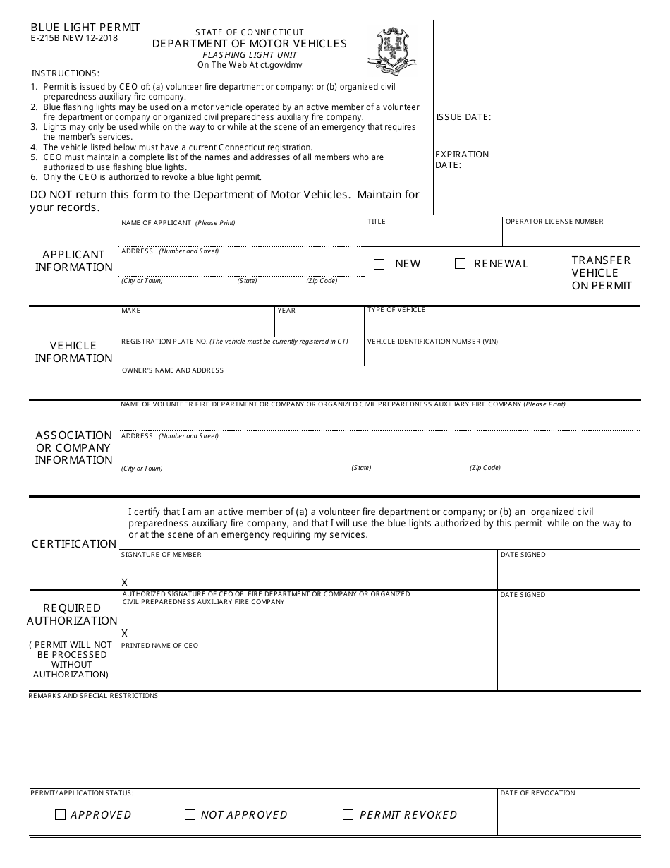Form E-215B Blue Light Permit - Connecticut, Page 1
