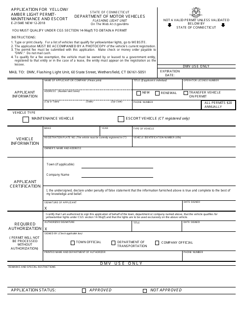 Form E-215ME Application for Yellow/Amber Light Permit - Maintenance and Escort - Connecticut