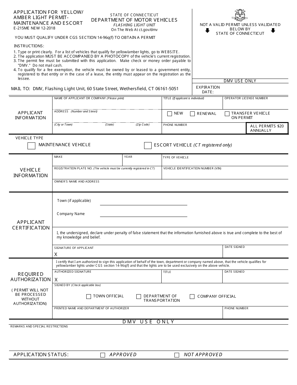Form E-215ME Application for Yellow / Amber Light Permit - Maintenance and Escort - Connecticut, Page 1