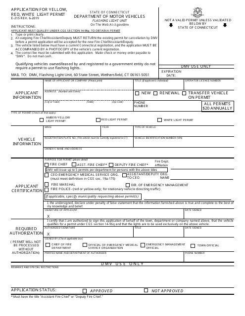 Form E-215 Application for Yellow, Red, White Light Permit - Connecticut