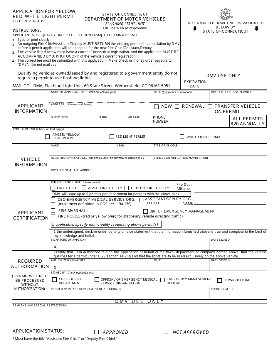 Form E-215 Application for Yellow, Red, White Light Permit - Connecticut, Page 1