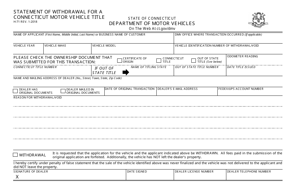 Form H-71 Statement of Withdrawal for a Connecticut Motor Vehicle Title - Connecticut