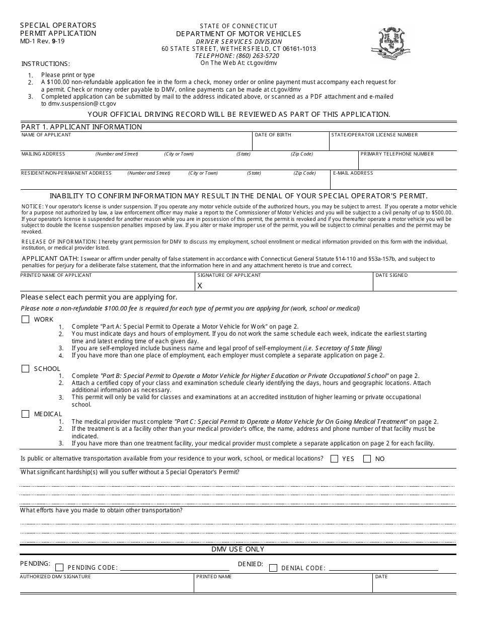 Form MD-1 Special Operators Permit Application - Connecticut, Page 1