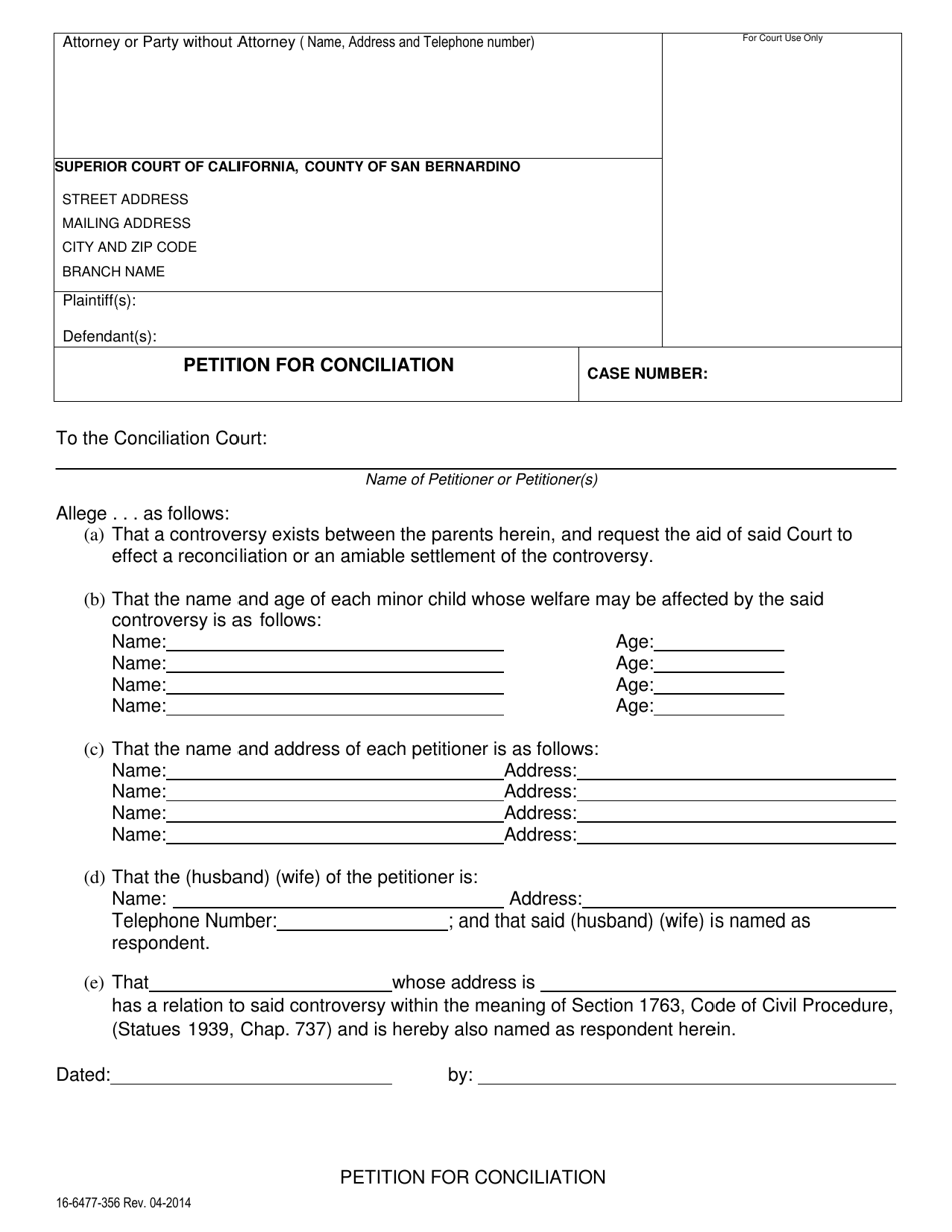 Form 16-6477-356 Petition for Conciliation - County of San Bernardino, California, Page 1