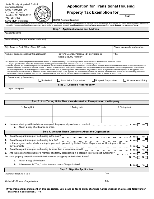 Form 11.111 Application for Transitional Housing Property Tax Exemption - Harris County, Texas