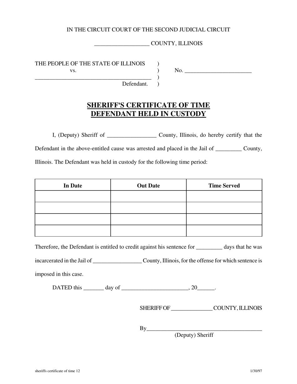 Sheriffs Certificate of Time Defendant Held in Custody - Illinois, Page 1