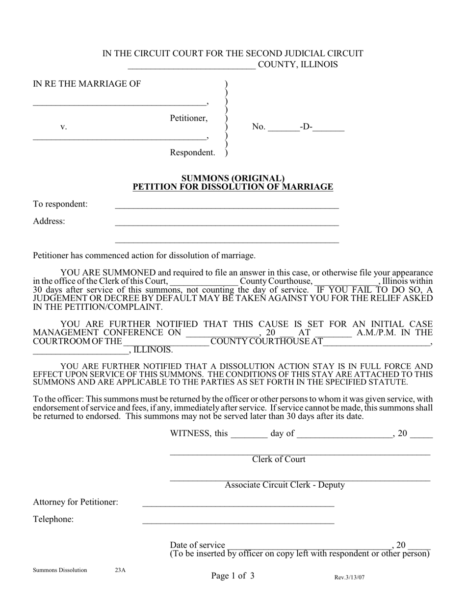 Form 23A Summons (Original) - Petition for Dissolution of Marriage - Illinois, Page 1