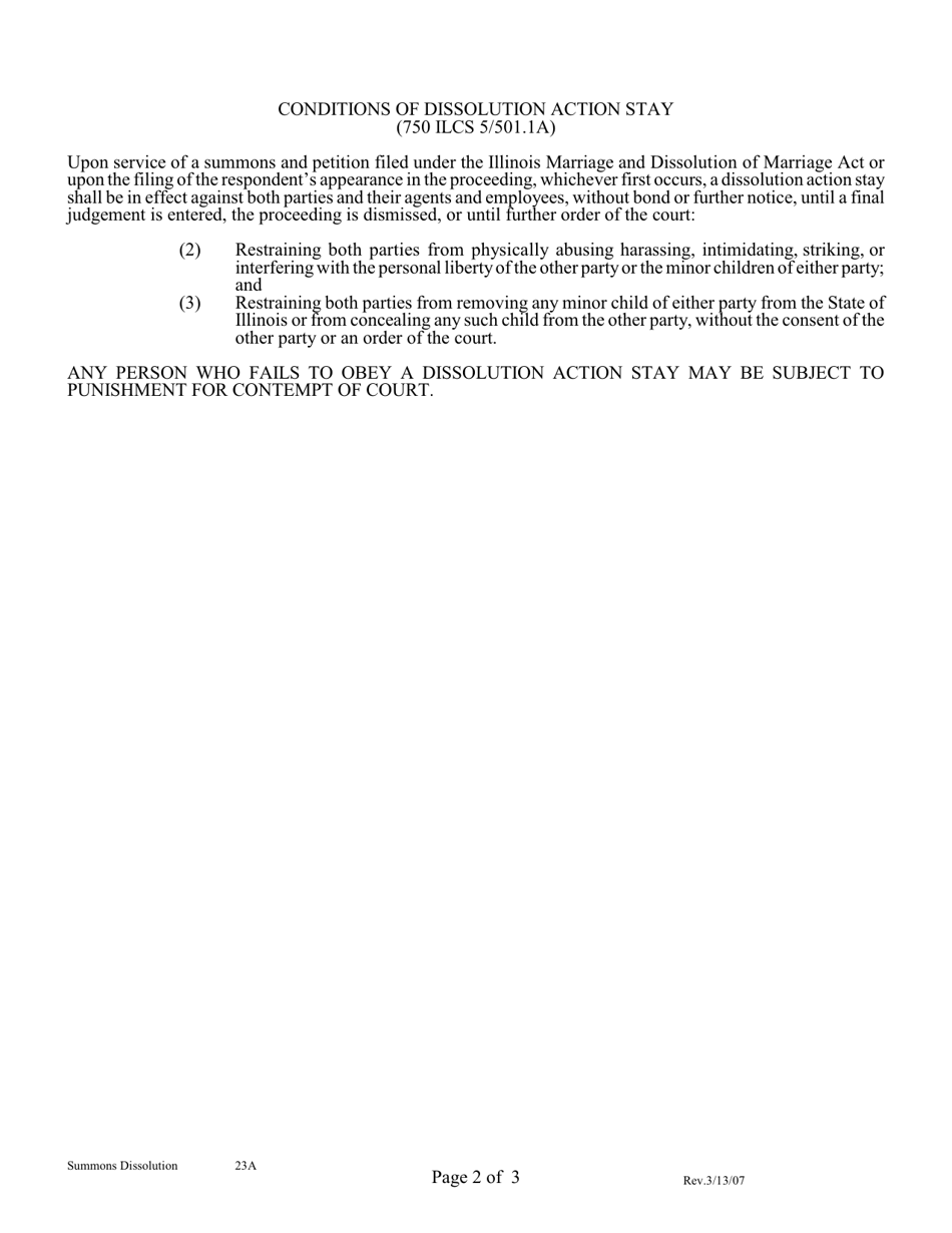 Form 23A Summons (Original) - Petition for Dissolution of Marriage - Illinois, Page 2