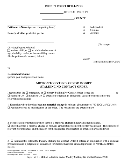 Form 70C Motion to Extend and/or Modify Stalking No Contact Order - Illinois