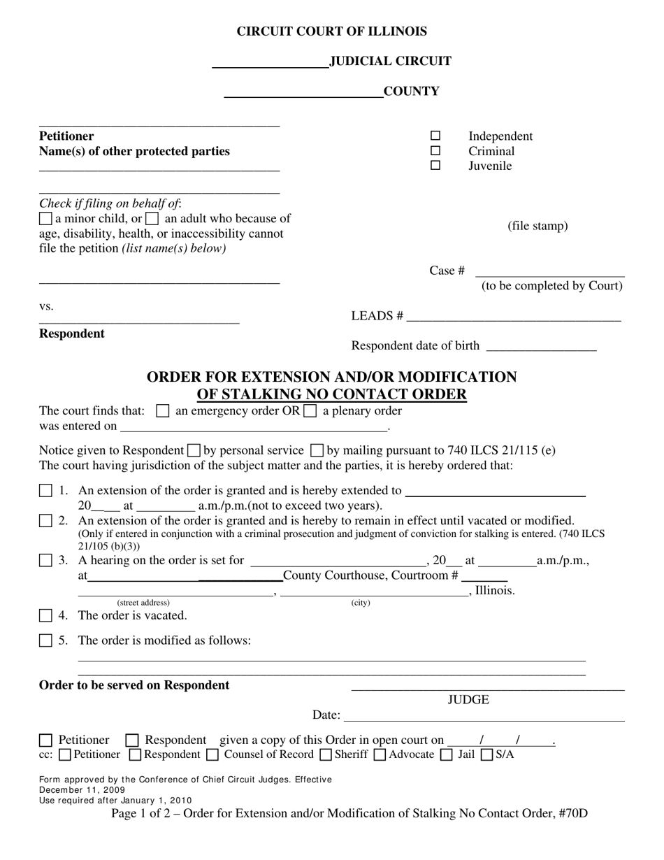Form 70D Order for Extension and / or Modification of Stalking No Contact Order - Illinois, Page 1