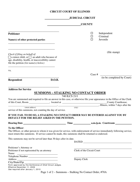 Form 70A Summons - Stalking No Contact Order - Illinois