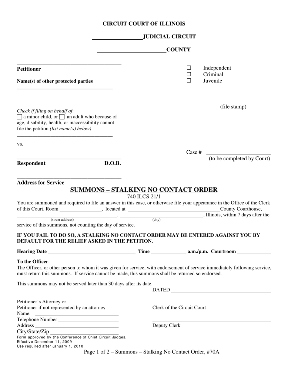Form 70A Summons - Stalking No Contact Order - Illinois, Page 1